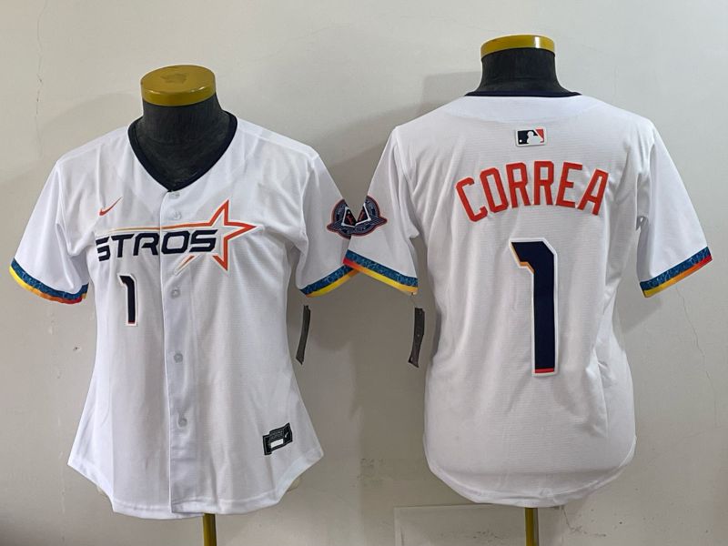 Women 2025 Houston Astros #1 Correa White Four generations Joint Name Nike MLB Jersey style 05->women mlb jersey->Women Jersey
